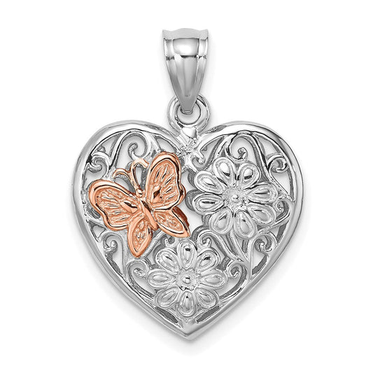 Extel Medium 14k White & Rose Gold 3-D Heart with Butterfly Reversible Charm, Made in USA