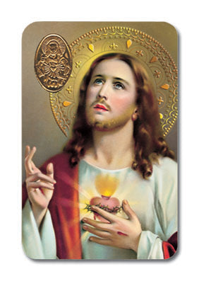 Sacred Heart of Jesus Laminated Catholic Prayer Holy Card with Medal and Prayer on Back