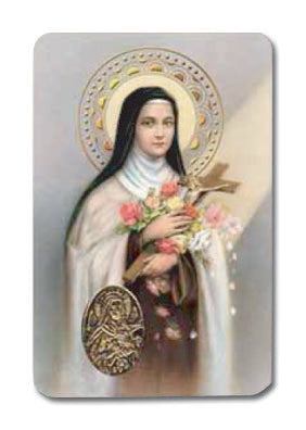 St. Theresa Laminated Catholic Prayer Holy Card with Medal and Prayer on Back