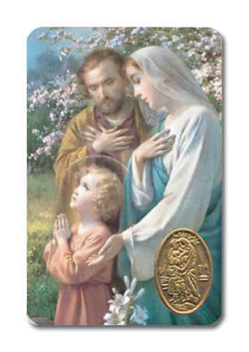 Holy Family Laminated Catholic Prayer Holy Card with Medal and Prayer on Back