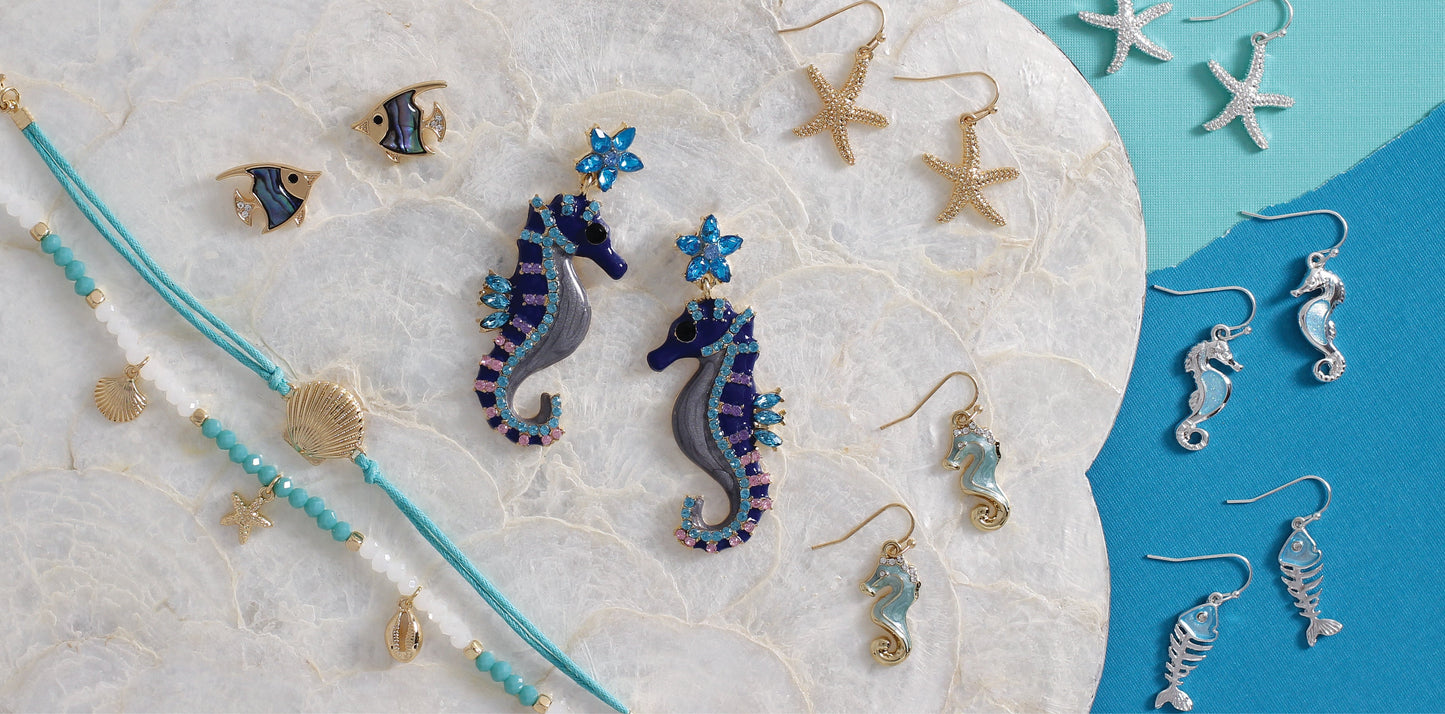 Periwinkle Mint, Blue, And Gold Beaded Bracelets With Starfish And Sand Dollar Charms Bracelet