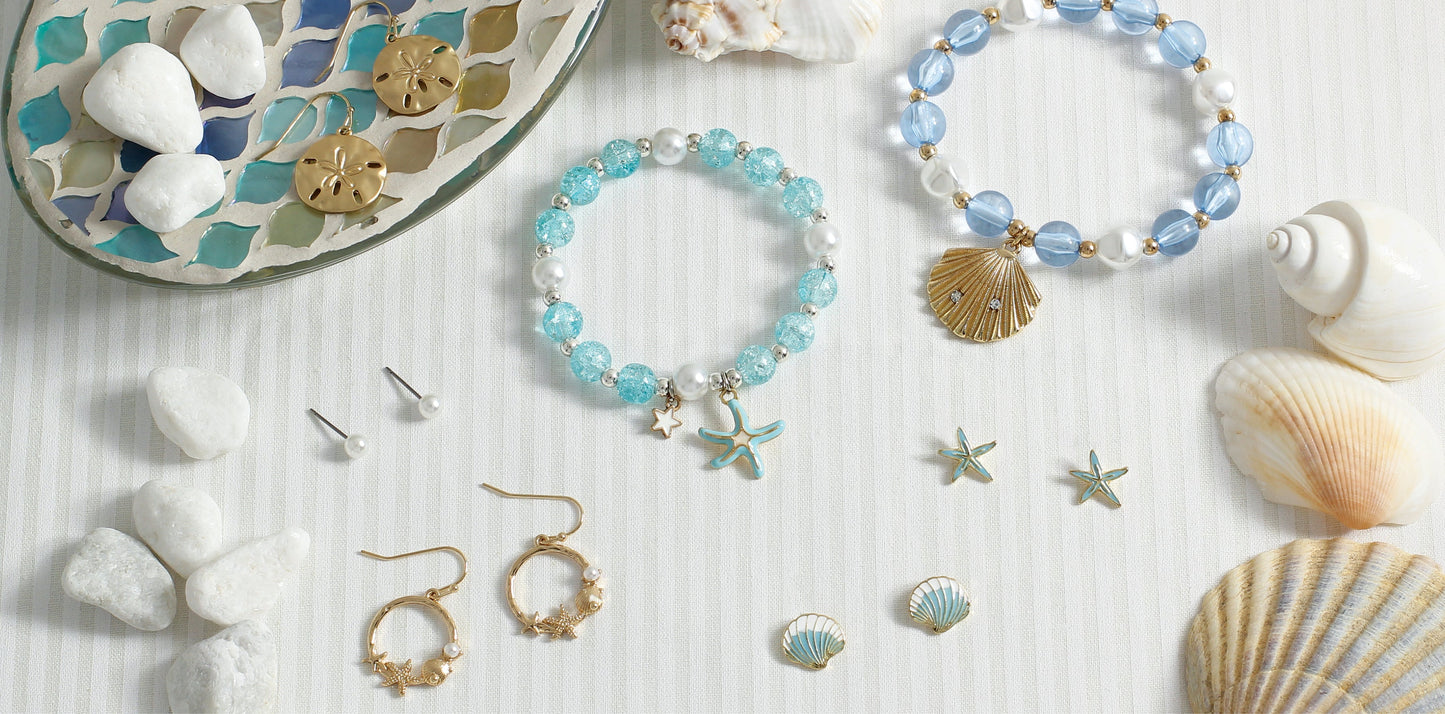 Periwinkle Mint, Blue, And Gold Beaded Bracelets With Starfish And Sand Dollar Charms Bracelet