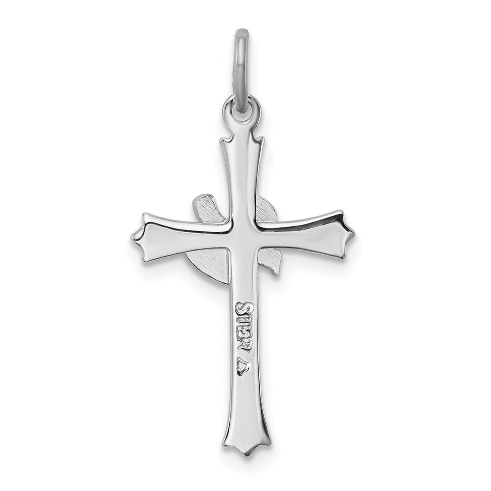 Extel Medium Sterling Silver Rhodium-plated Holy Spirit Cross with Dove Charm Pendant, Made in USA