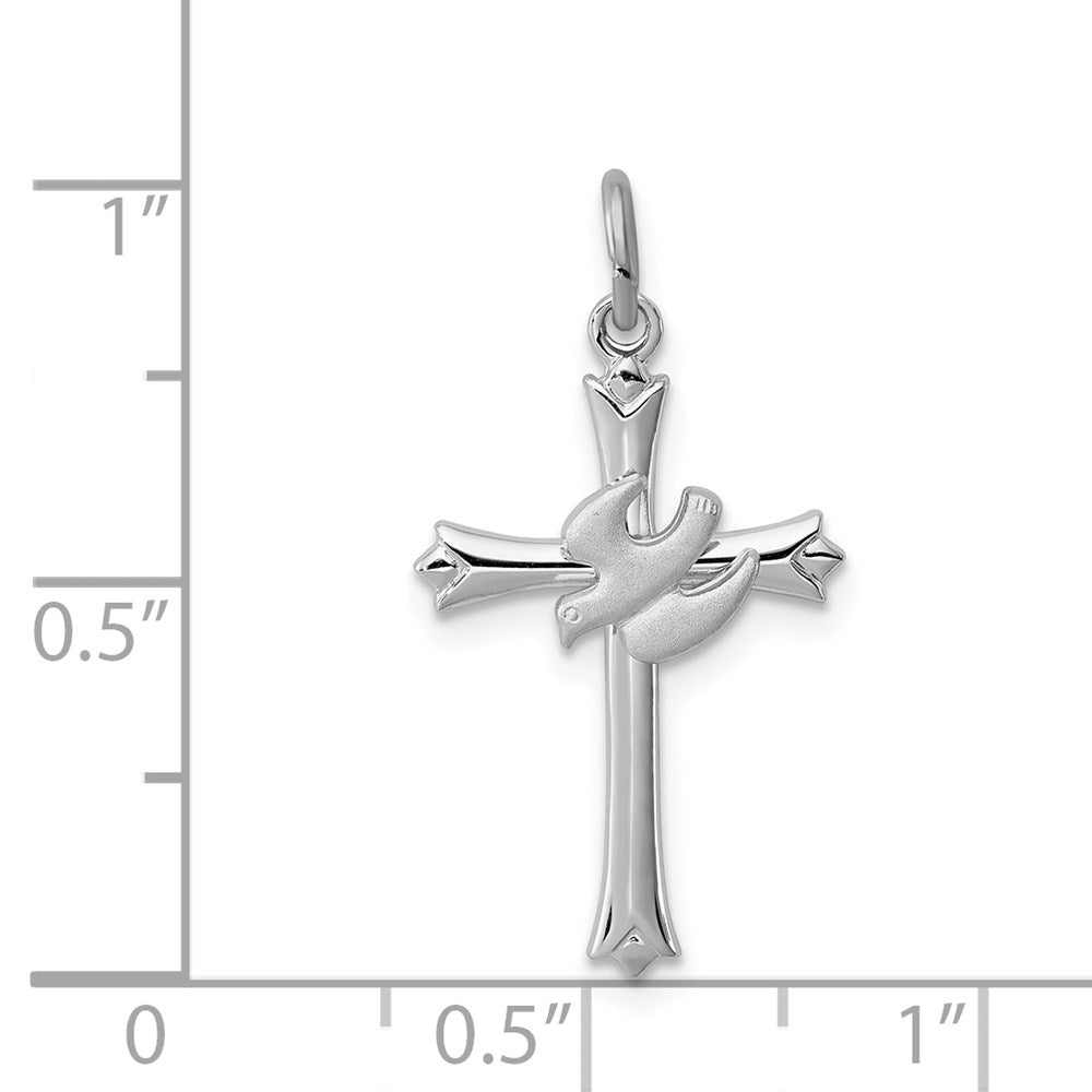 Extel Medium Sterling Silver Rhodium-plated Holy Spirit Cross with Dove Charm Pendant, Made in USA