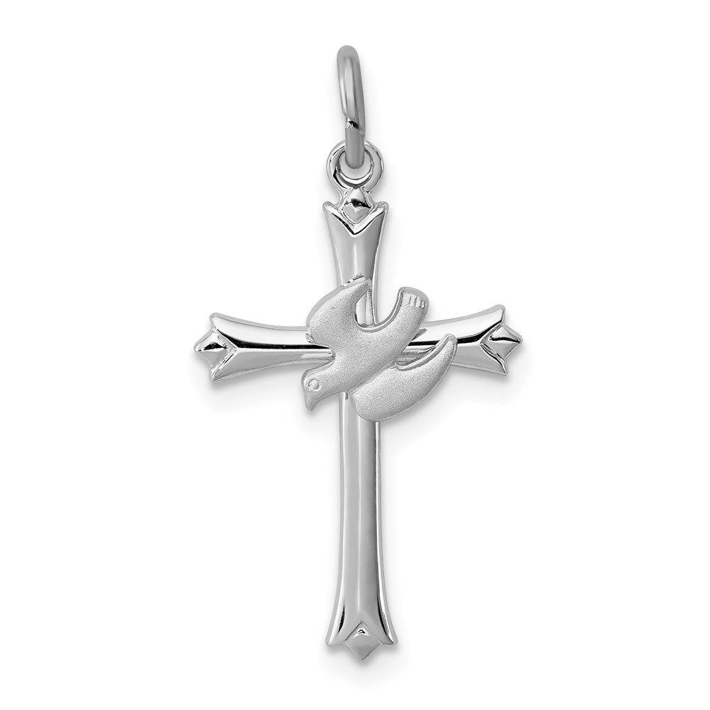 Extel Medium Sterling Silver Rhodium-plated Holy Spirit Cross with Dove Charm Pendant, Made in USA