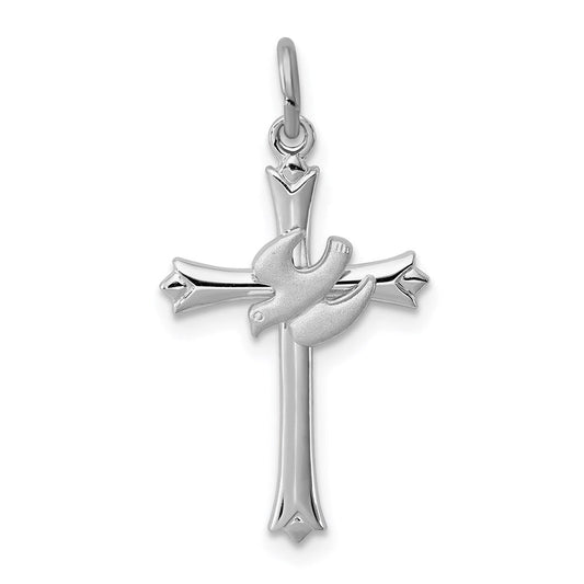 Extel Medium Sterling Silver Rhodium-plated Holy Spirit Cross with Dove Charm Pendant, Made in USA