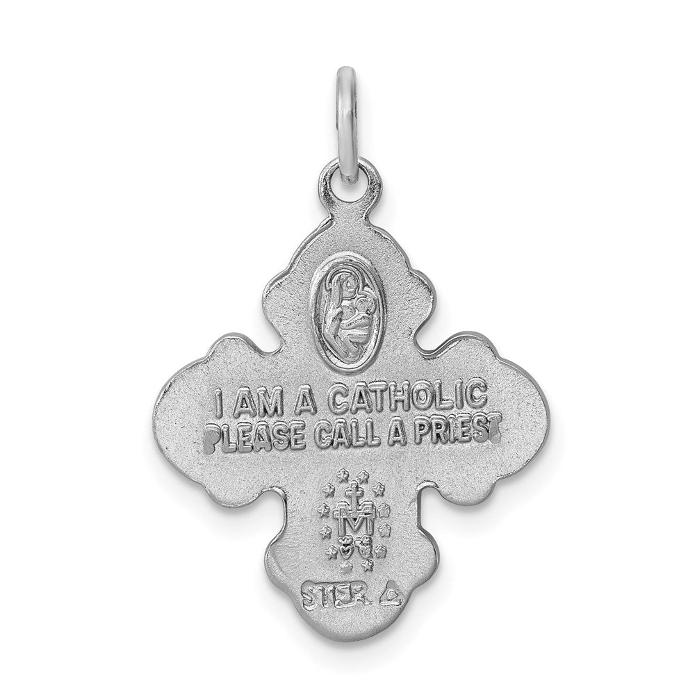 Extel Large Sterling Silver Rhodium-plated Satin Catholic Four Way Medal Pendant Charm, Made in USA