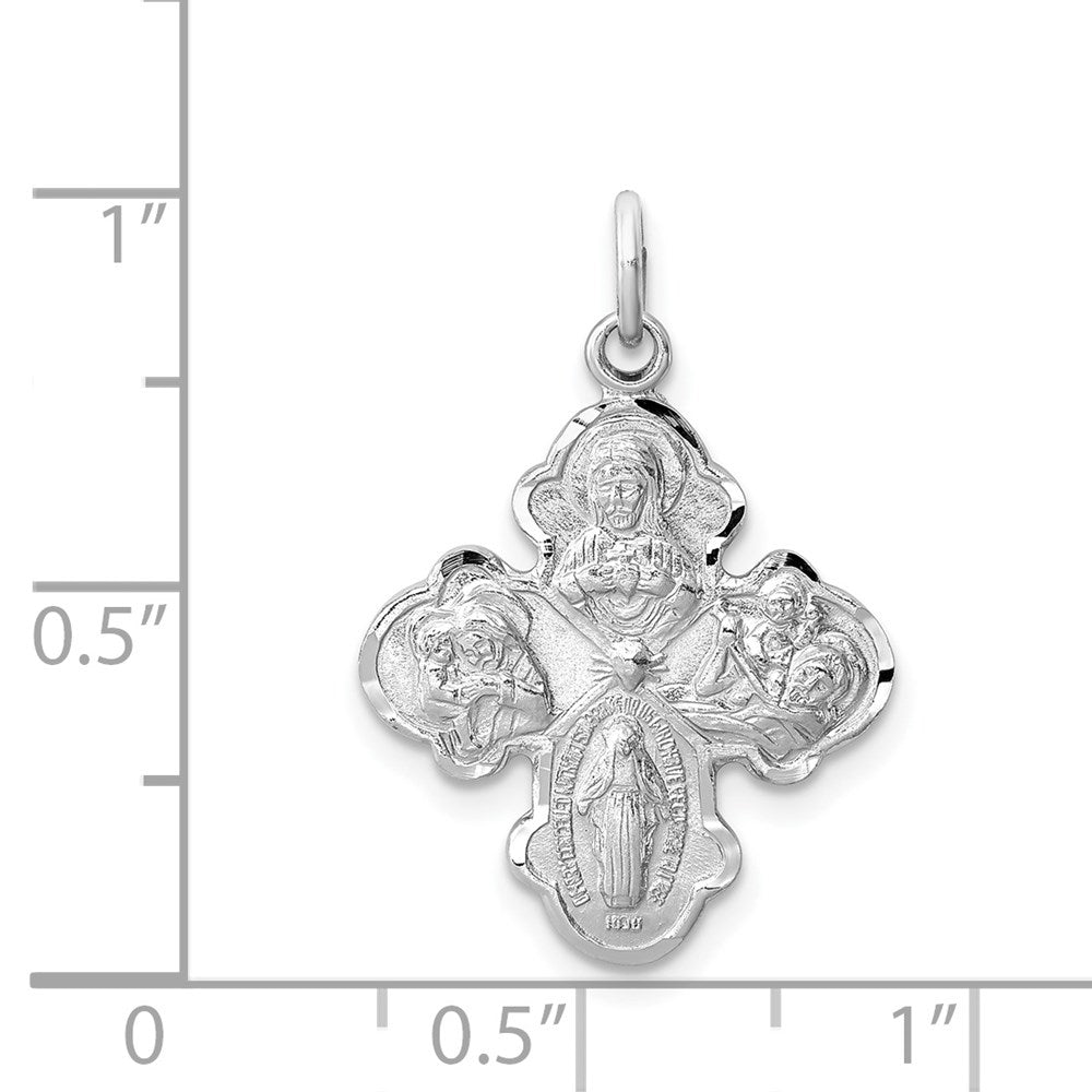 Extel Large Sterling Silver Rhodium-plated Satin Catholic Four Way Medal Pendant Charm, Made in USA