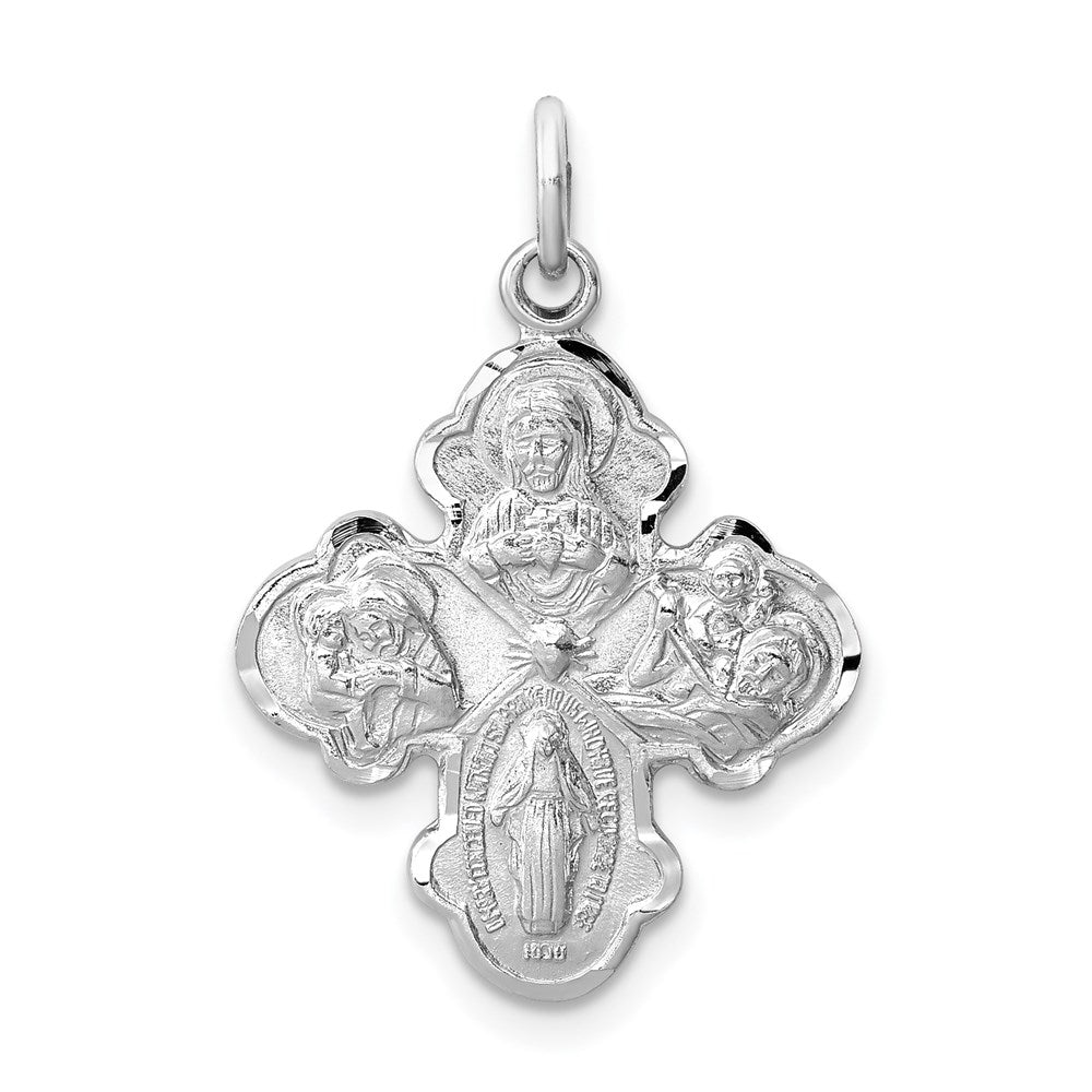 Extel Large Sterling Silver Rhodium-plated Satin Catholic Four Way Medal Pendant Charm, Made in USA