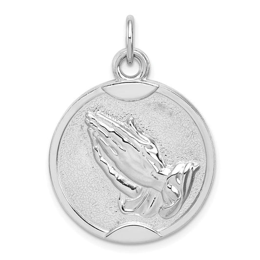 Extel Large Sterling Silver Rhodium-plated Praying Hands Serenity Prayer on Back Medal Pendant Charm, Made in USA