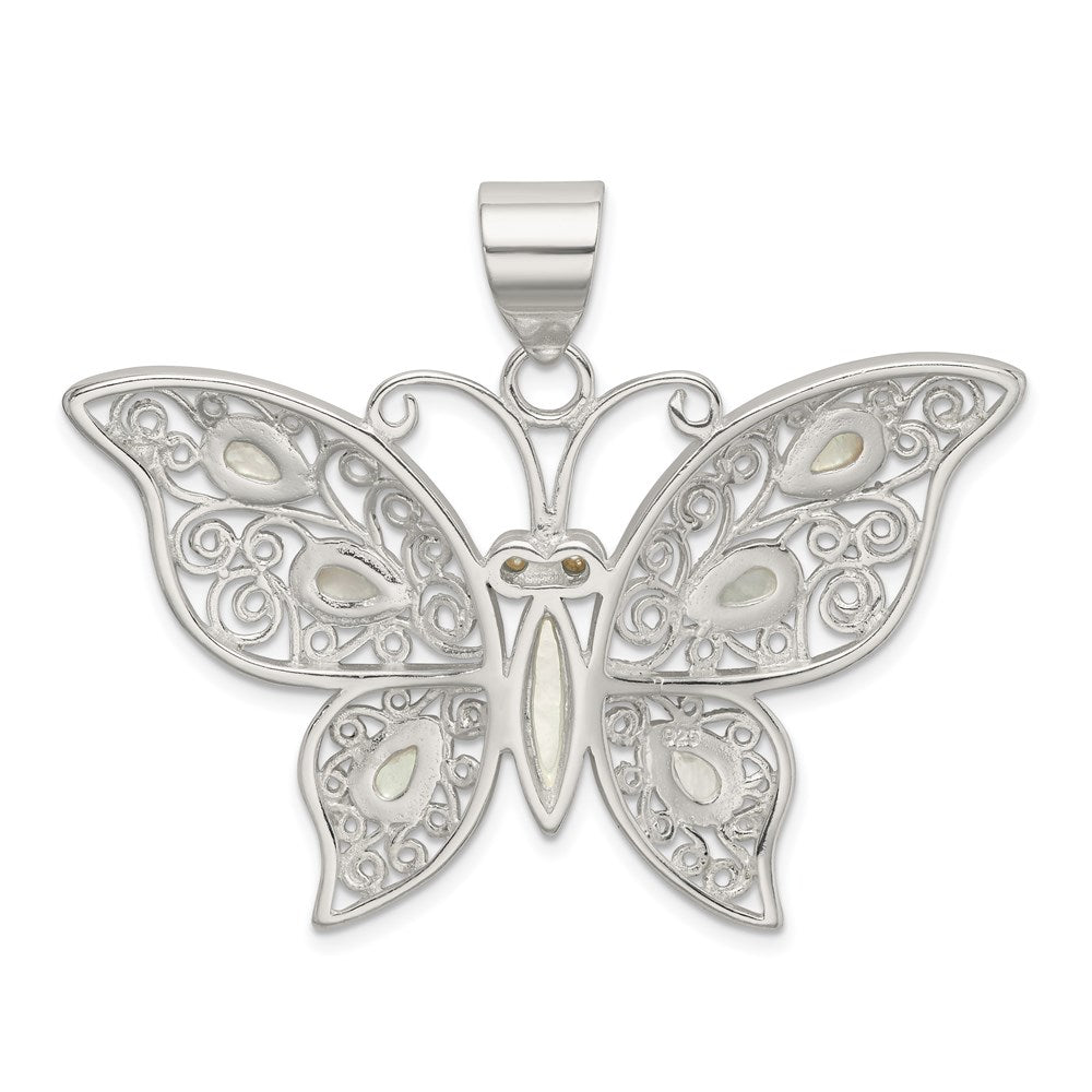 Extel Large Sterling Silver Mother of Pearl Fancy Butterfly Pendant