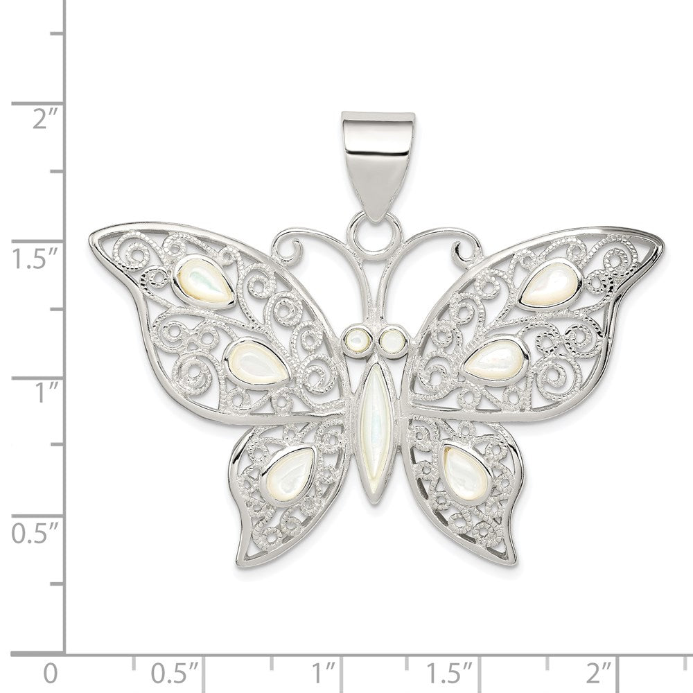 Extel Large Sterling Silver Mother of Pearl Fancy Butterfly Pendant