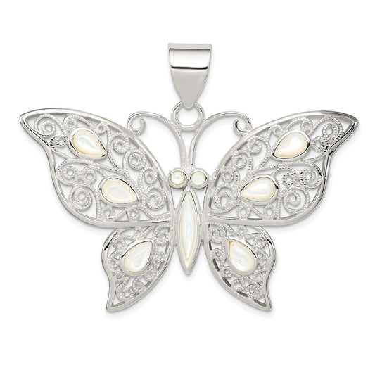 Extel Large Sterling Silver Mother of Pearl Fancy Butterfly Pendant