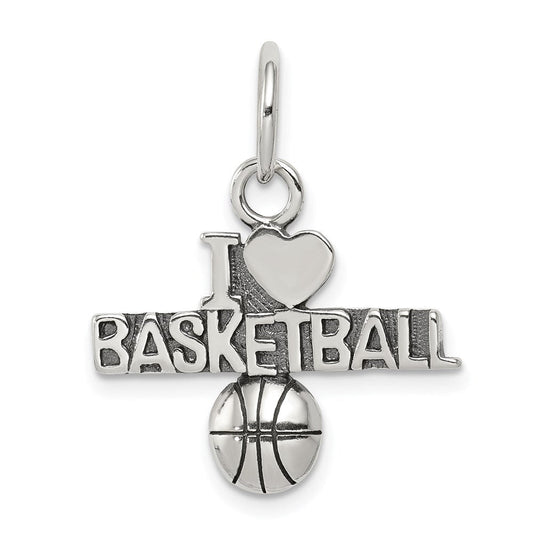 Extel Medium Sterling Silver Antique I (heart) Basketball Charm