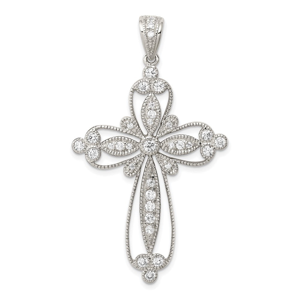 Extel Extra Large Sterling Silver Cubic Zirconia Filigree Budded Cross Pendant Charm