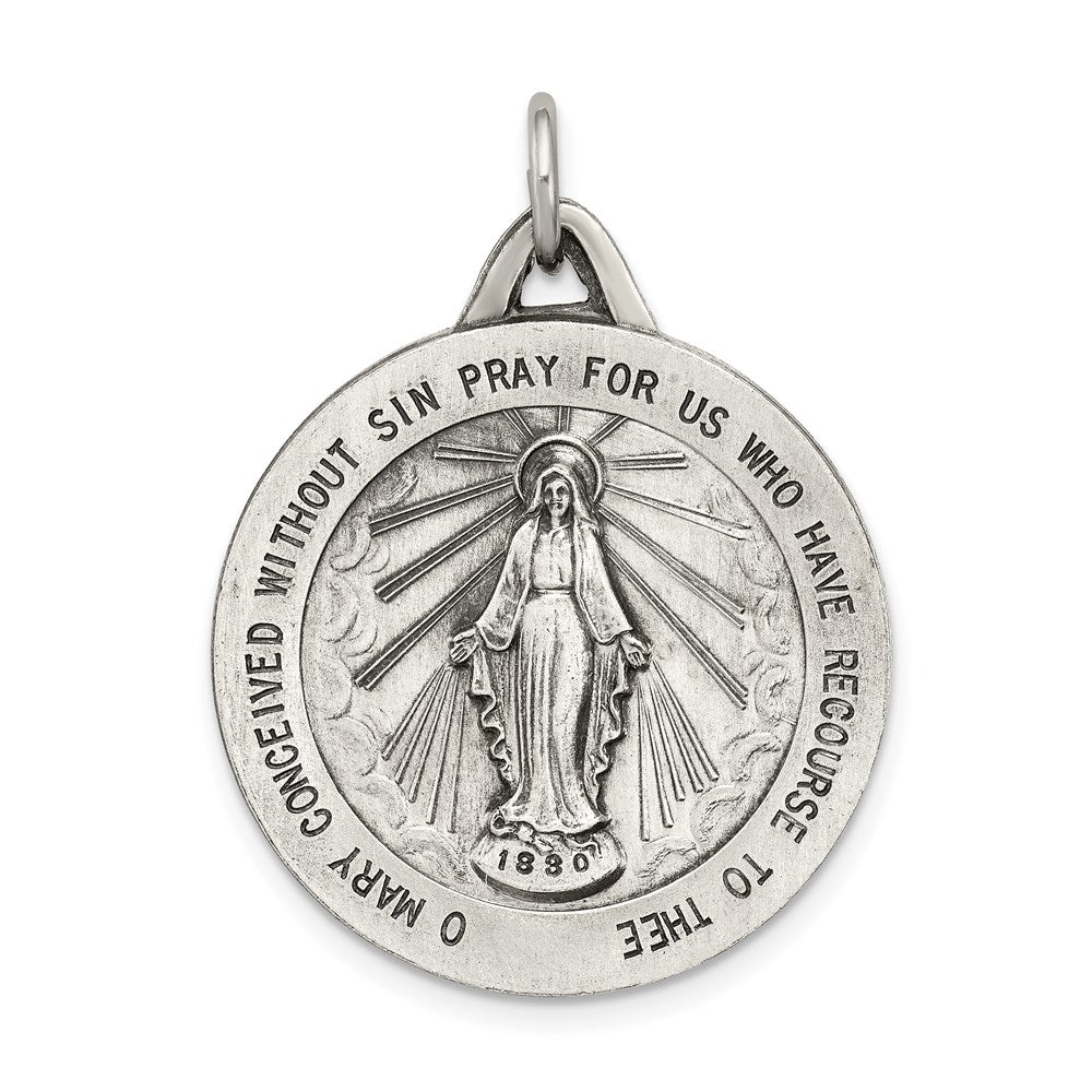 Extel Large Sterling Silver Antiqued Miraculous Medal Pendant Charm, Made in USA