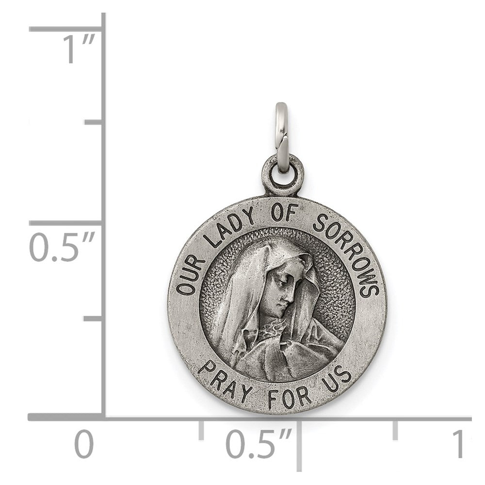 Extel Medium Sterling Silver Antiqued Catholic Our Lady of Sorrows Medal Pendant Charm, Made in USA