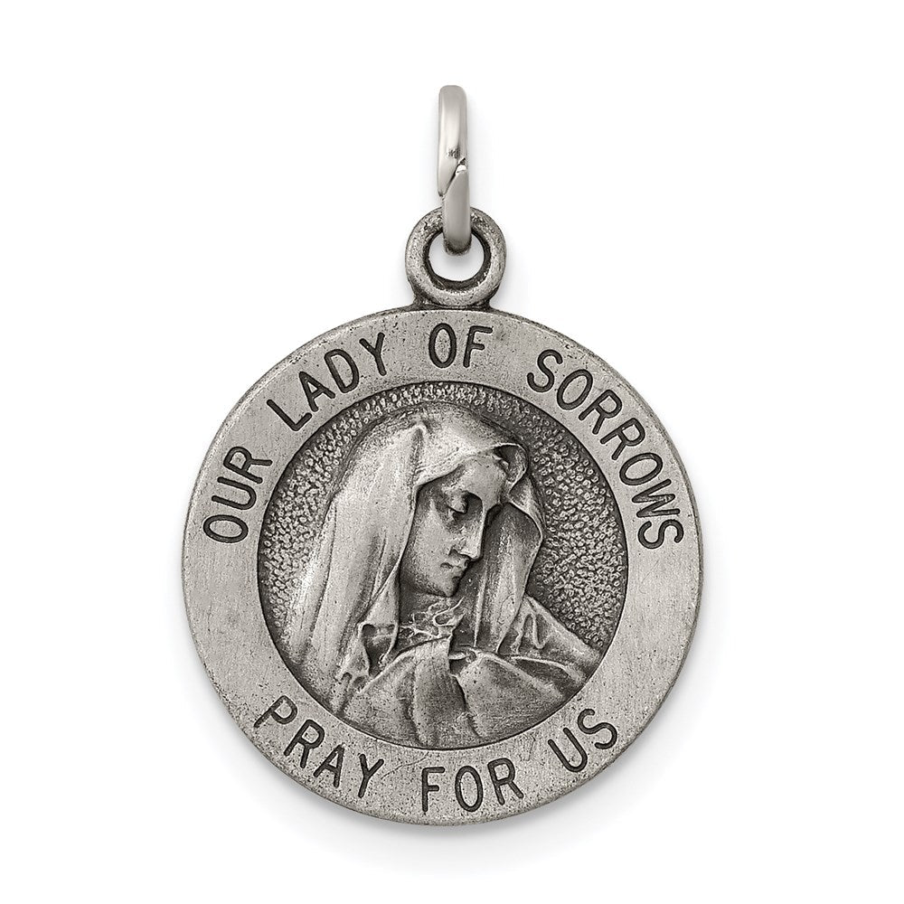 Extel Medium Sterling Silver Antiqued Catholic Our Lady of Sorrows Medal Pendant Charm, Made in USA