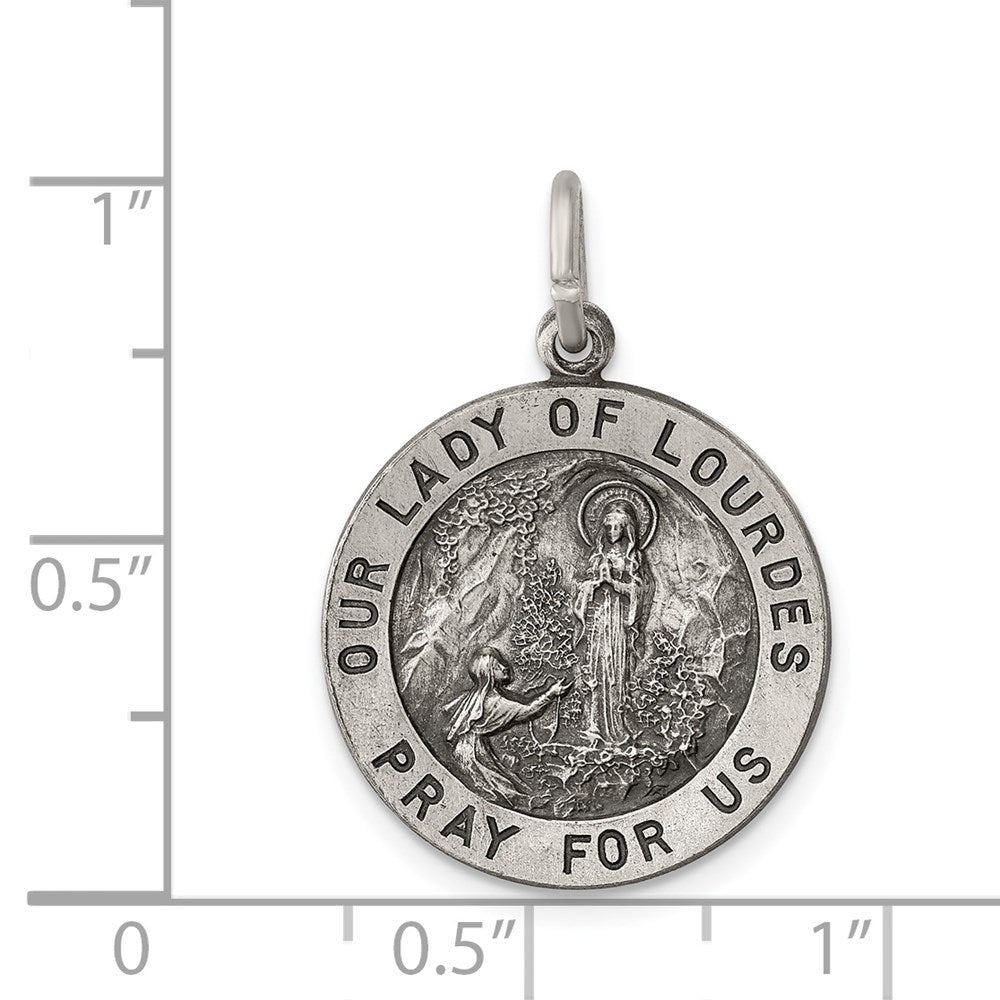 Extel Medium Sterling Silver Antiqued Catholic Our Lady of Lourdes Medal Pendant Charm, Made in USA