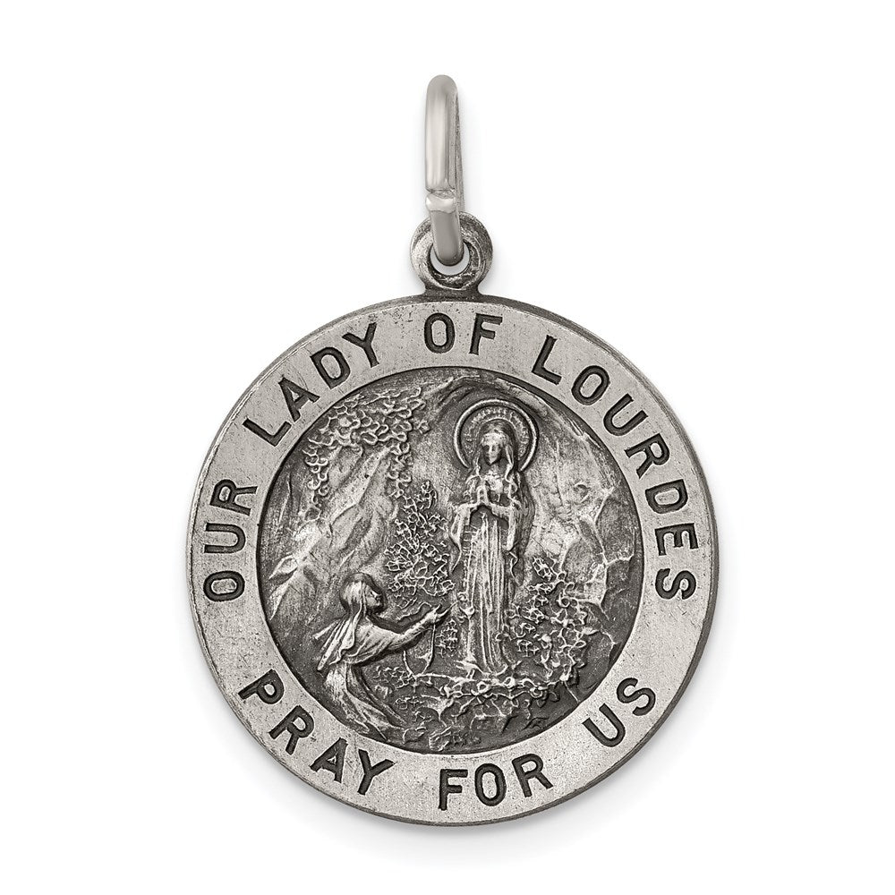 Extel Medium Sterling Silver Antiqued Catholic Our Lady of Lourdes Medal Pendant Charm, Made in USA