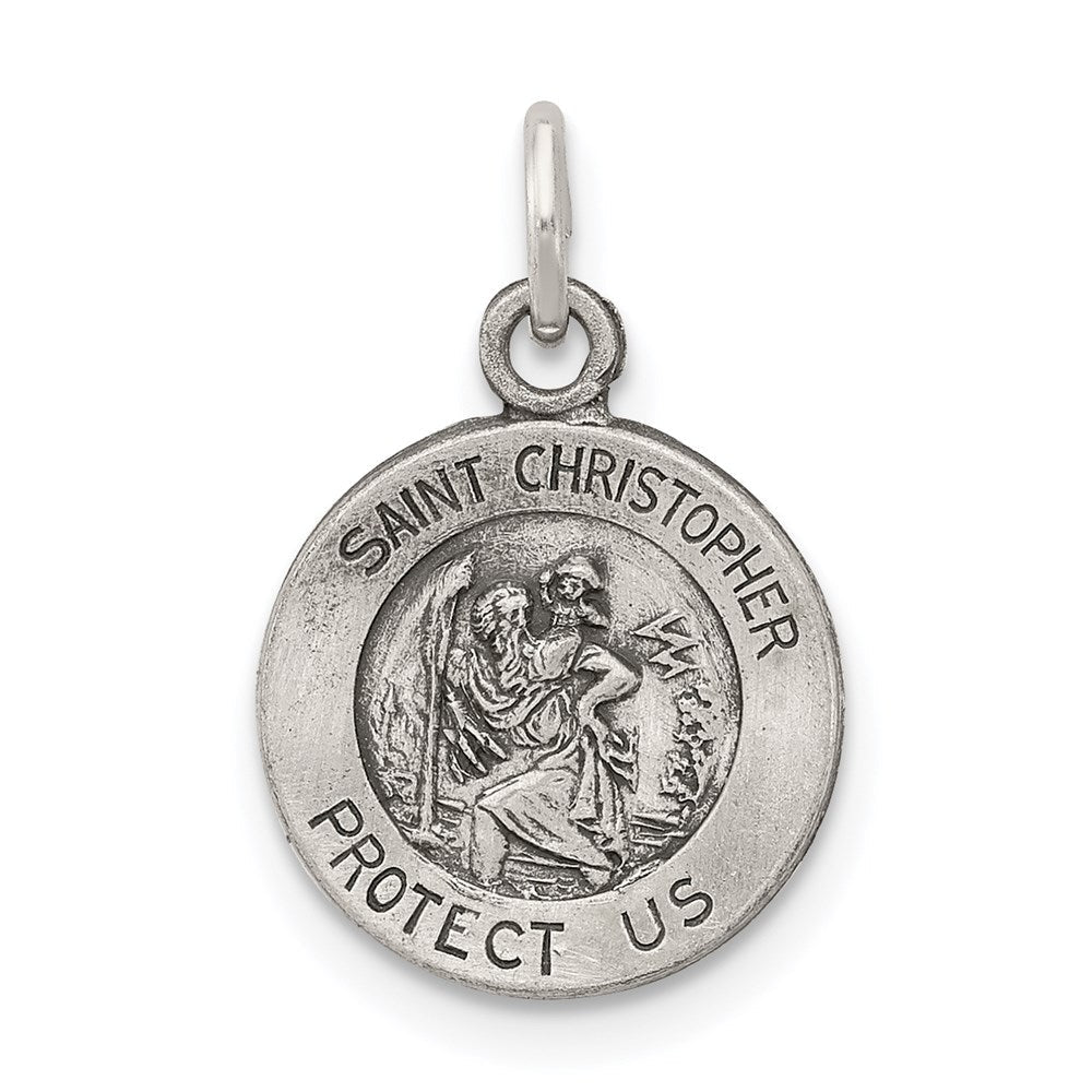 Extel Medium Sterling Silver Antiqued Patron Saint Christopher Medal Pendant Charm, Made in USA