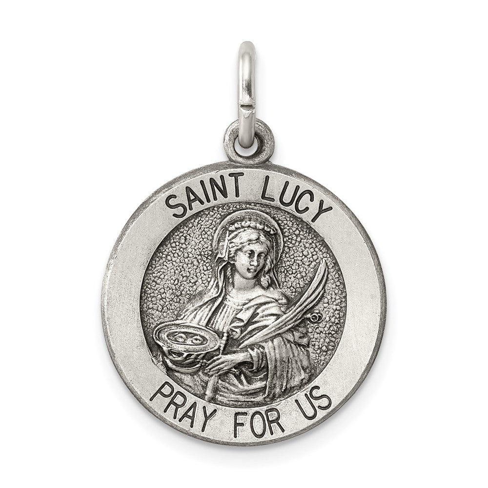 Extel Large Sterling Silver Antiqued Patron Saint Lucy Medal Pendant Charm, Made in USA