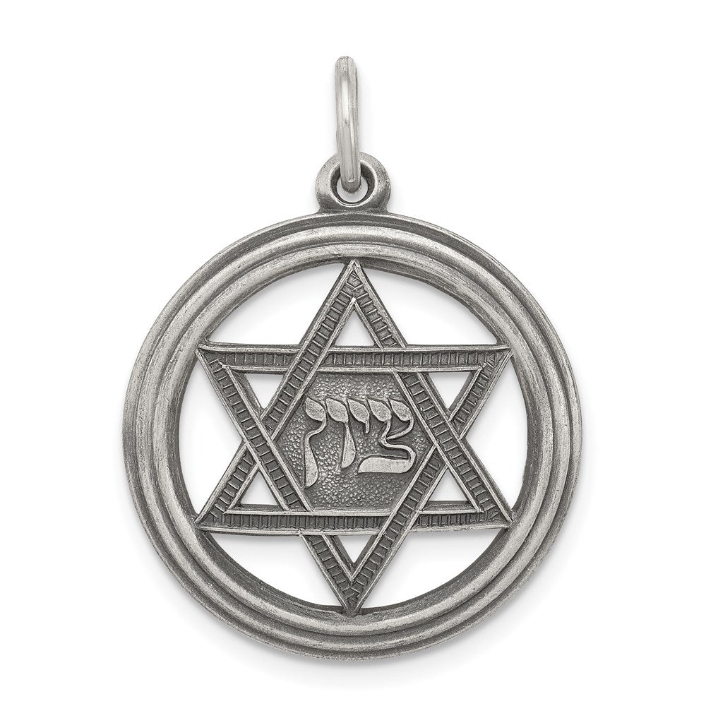 Extel Large Sterling Silver Antiqued Star of David Disc Charm Pendant, Made in USA