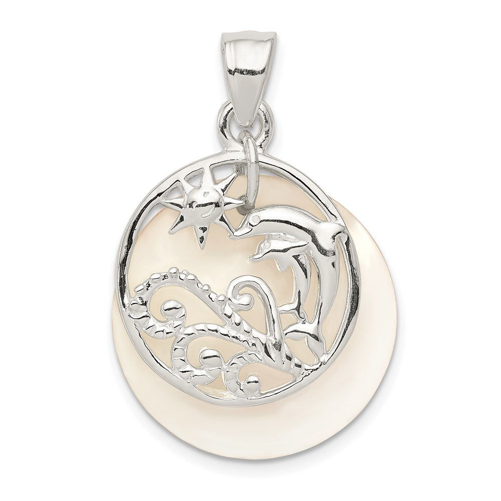 Extel Large Sterling Silver Polished Dolphin & Waves Mother of Pearl Pendant