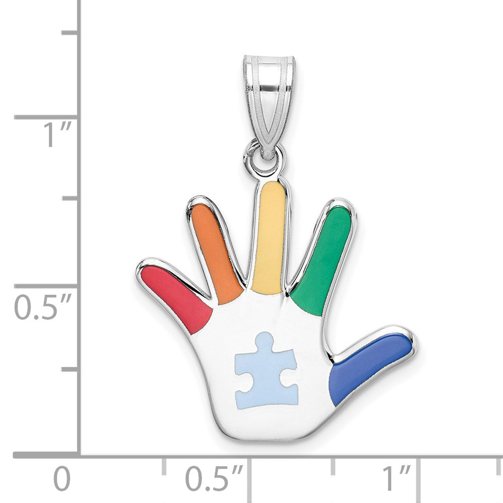 Extel Large Sterling Silver Rhod-plate Enamel Autism with Puzzle Piece Handprint Pendant, Made in USA