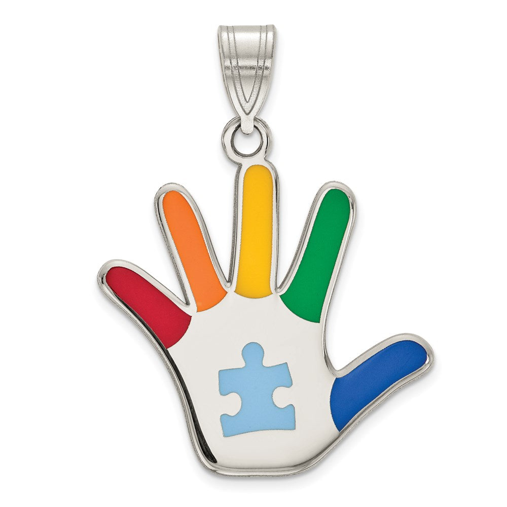 Extel Large Sterling Silver Rhod-plate Enamel Autism with Puzzle Piece Handprint Pendant, Made in USA