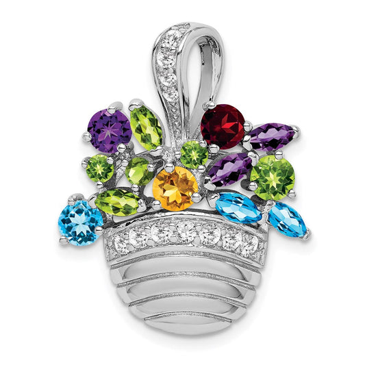 Extel Large Sterling Silver Rhodium-plated Multi-color Gemstone Basket Pendant/ Pin