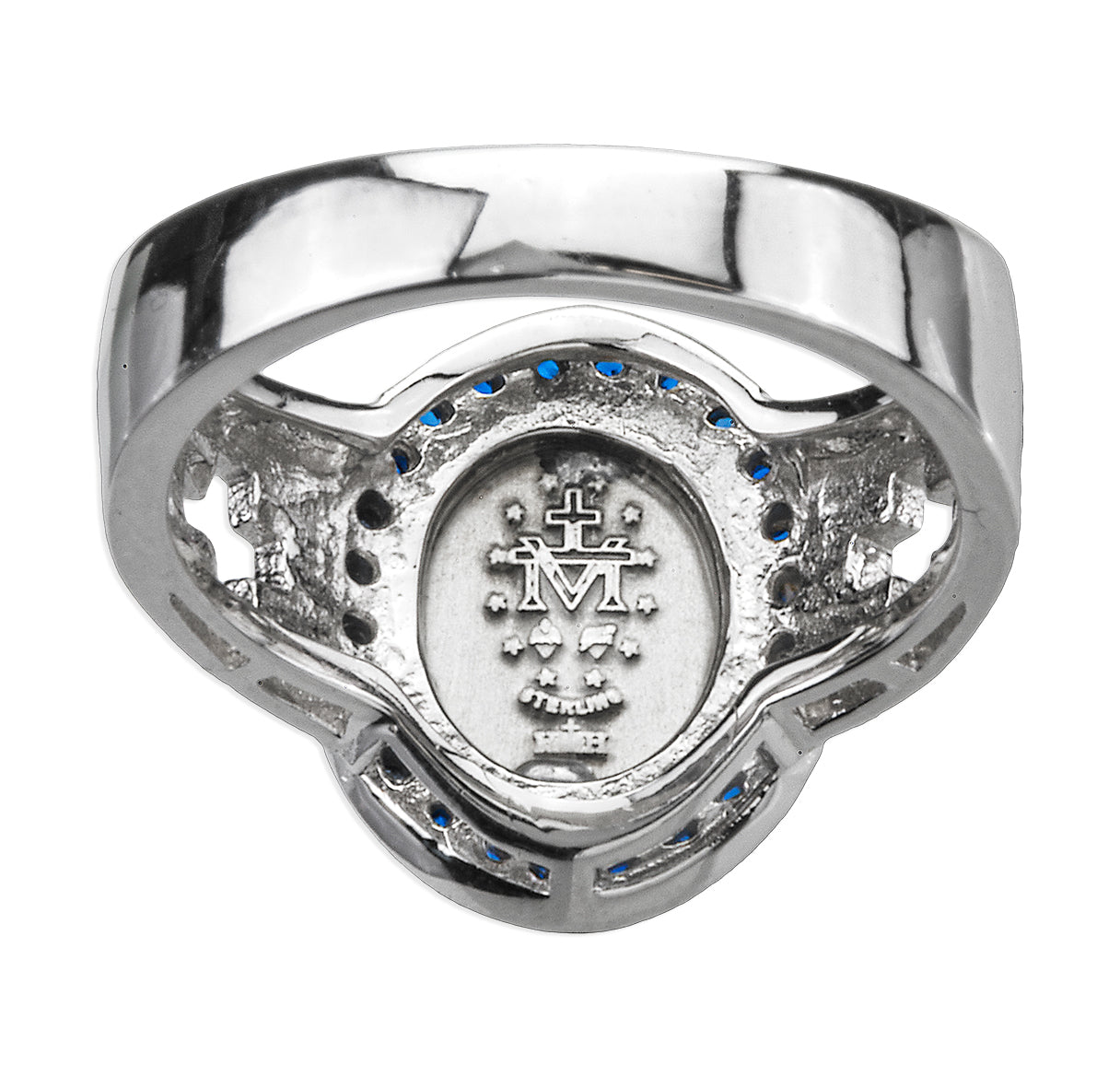 Sterling Silver Miraculous Medal Ring with Crystal Cubic Zircon