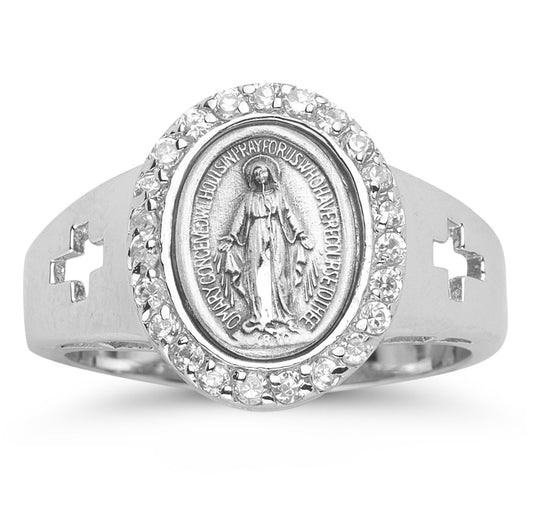 Sterling Silver Miraculous Medal Ring with Crystal Cubic Zircon Front