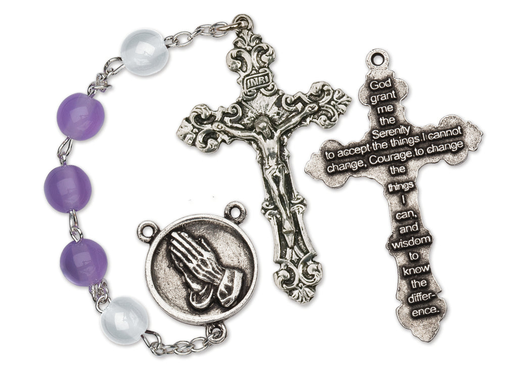 Women's Serenity Prayer Medium Purple Catholic Rosary Beads, Cat's Eye beads