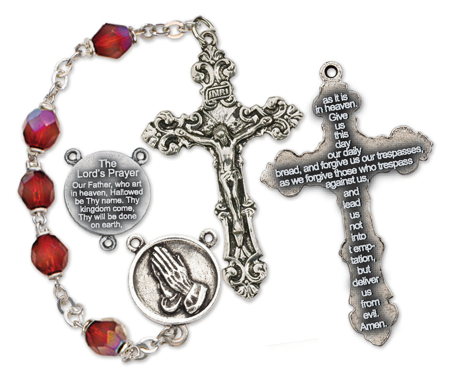 Women's Our Father Prayer Medium Ruby Catholic Rosary Beads, Aurora Borealis beads