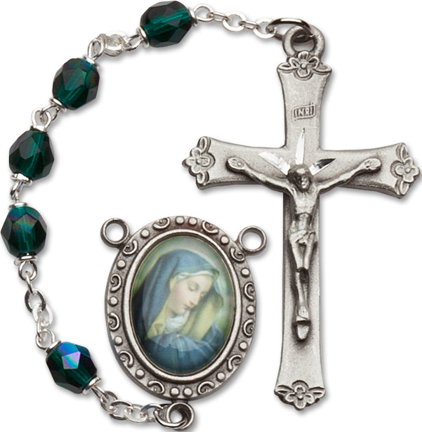 Women's Our Lady of Sorrow Medium Emerald Catholic Rosary Beads, Aurora Borealis beads