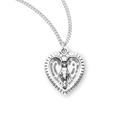 Sterling Silver Heart Shape Miraculous Medal Pendant Necklace, Made in USA