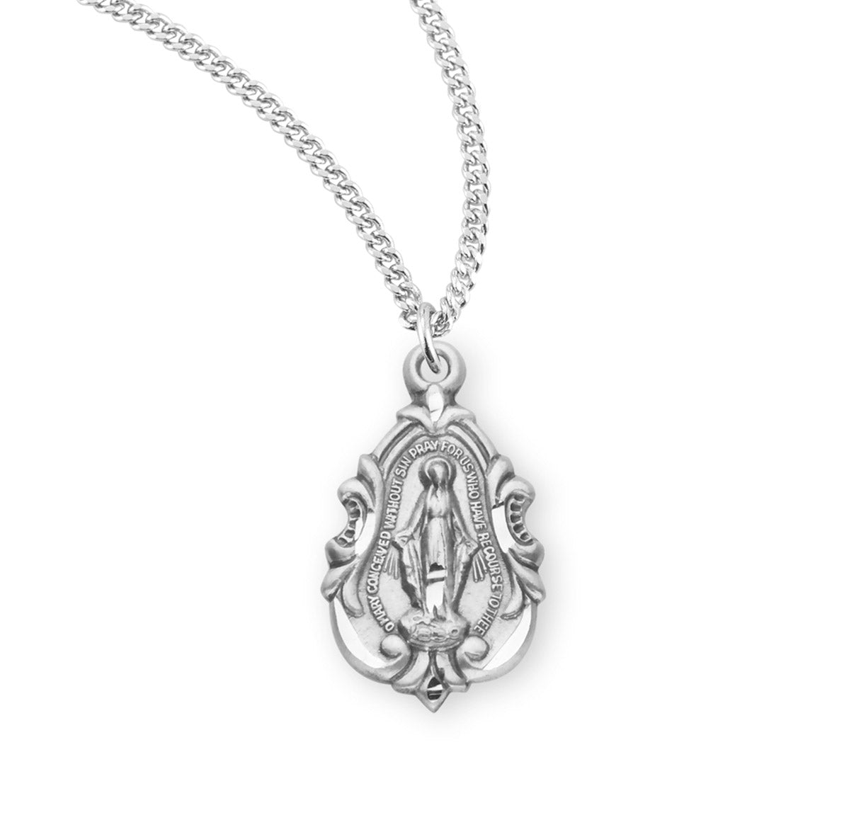 Sterling Silver Fancy Baroque Miraculous Medal Pendant Necklace, Made in USA