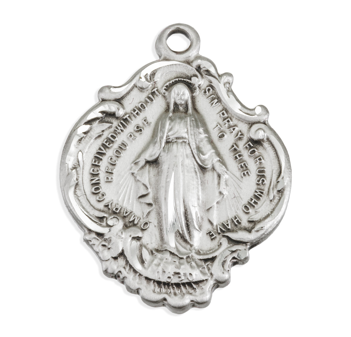 Sterling Silver Baroque Style Miraculous Medal Pendant Necklace, Made in USA