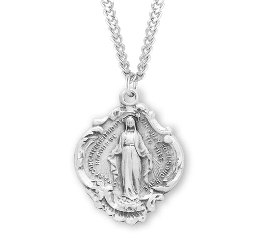 Sterling Silver Baroque Style Miraculous Medal Pendant Necklace, Made in USA