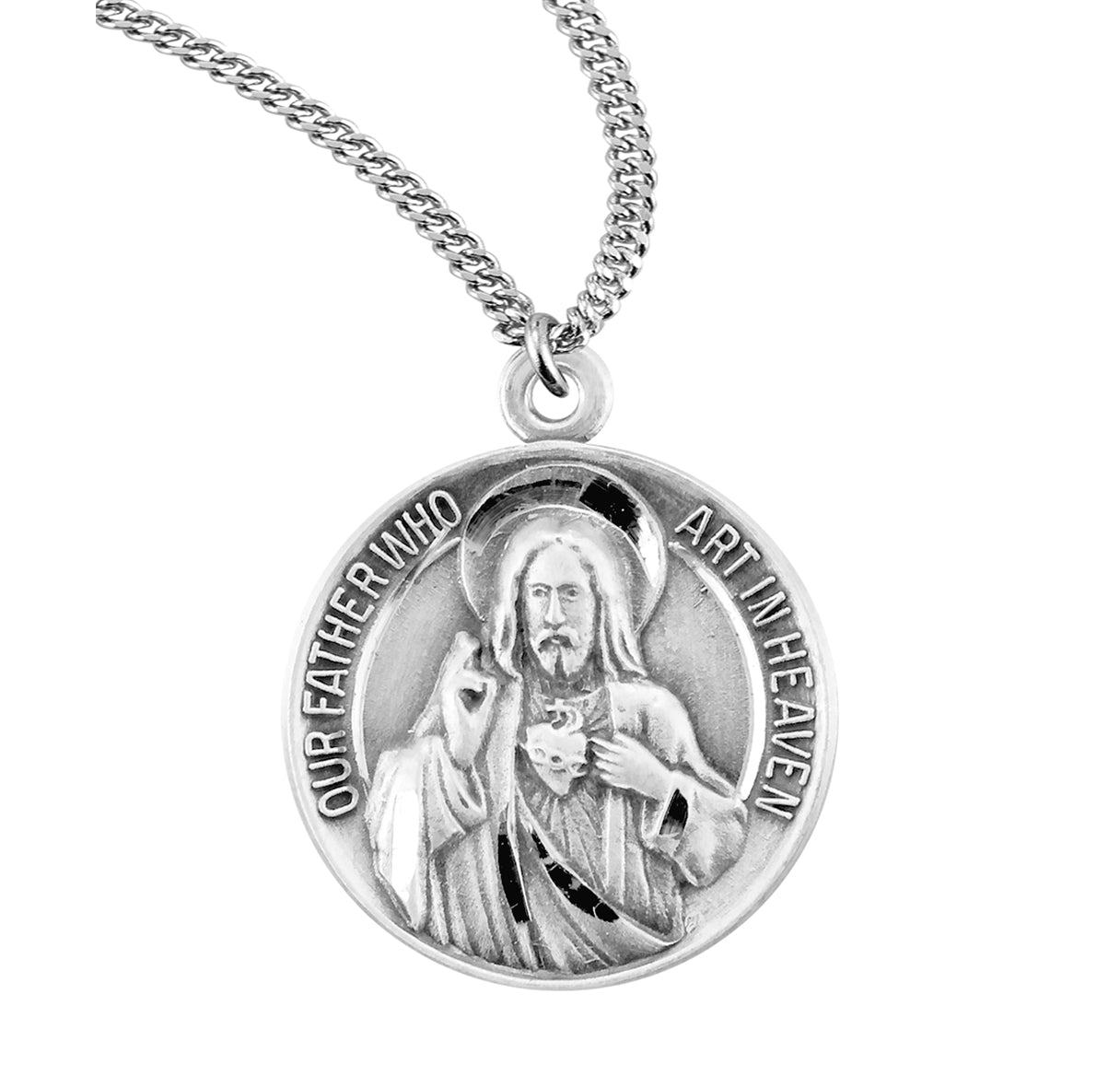 Our Father/Hail Mary Round Sterling Silver Medal Pendant Necklace