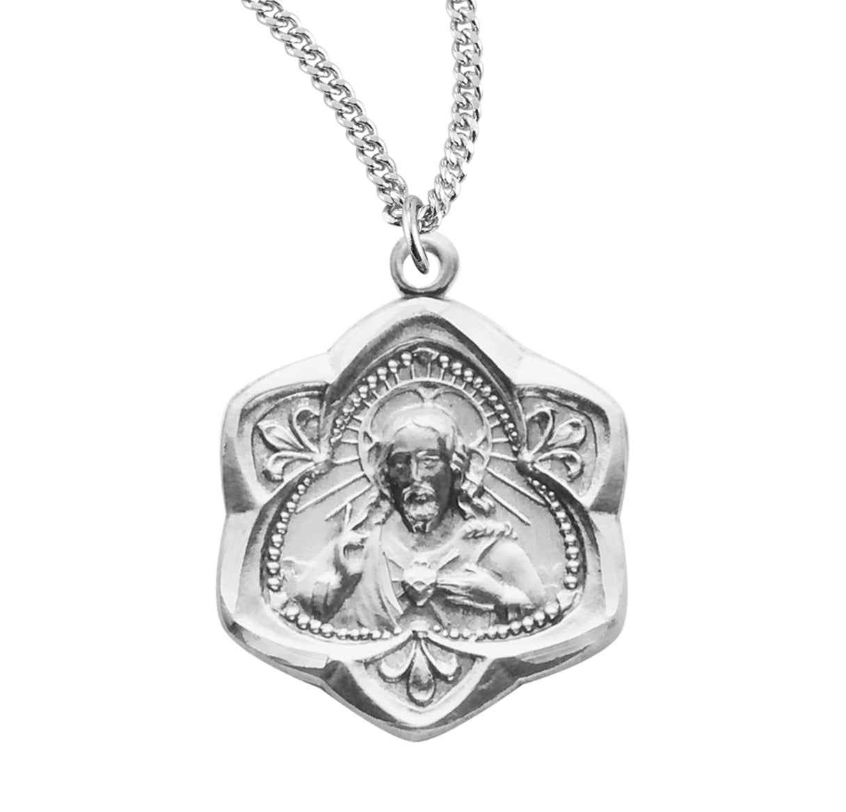 Sacred Heart of Jesus Sterling Silver Scapular Medal Pendant Necklace