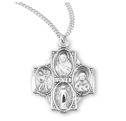 Extel Silver Catholic 4-Way Medal Cross Cruciform Necklace