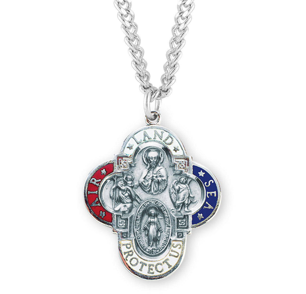 Extel Large Land-Sea-Air Enameled Sterling Silver 4-Way Medal Pendant Necklace