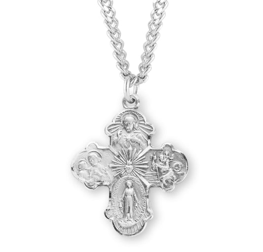 Extel Silver Catholic 4-Way Medal Cross Cruciform Necklace