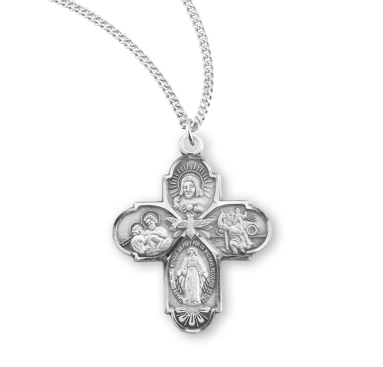 Extel Silver Catholic 4-Way Medal Cross Cruciform Necklace