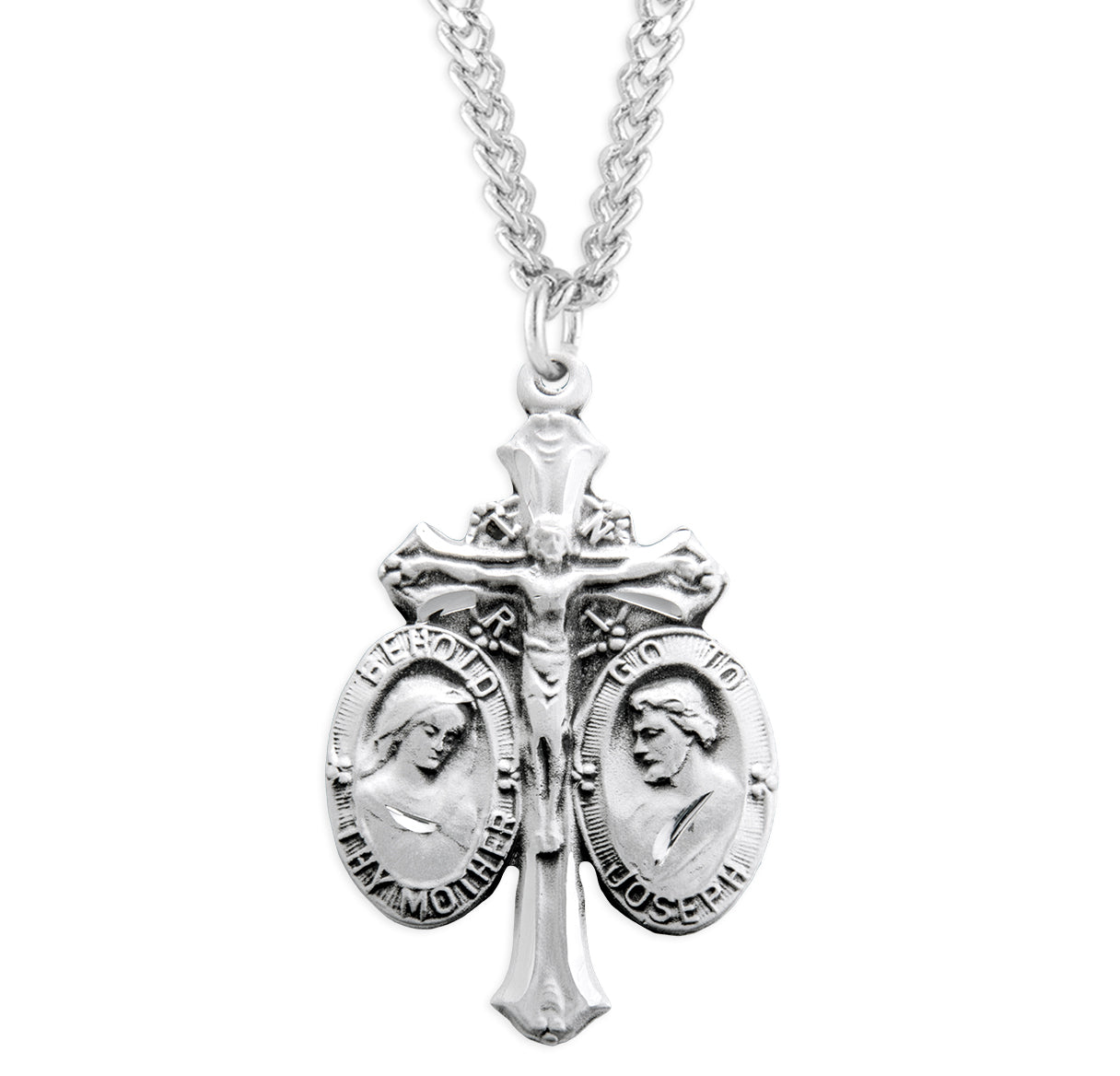 Sterling Silver Jesus-Mary-Joseph Medal Pendant Necklace