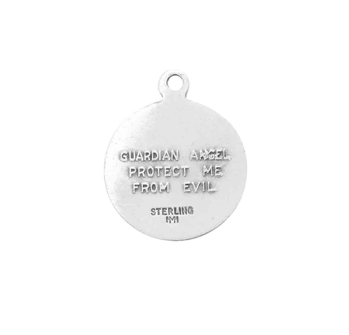 Guardian Angel Round Sterling Silver Medal Pendant Necklace