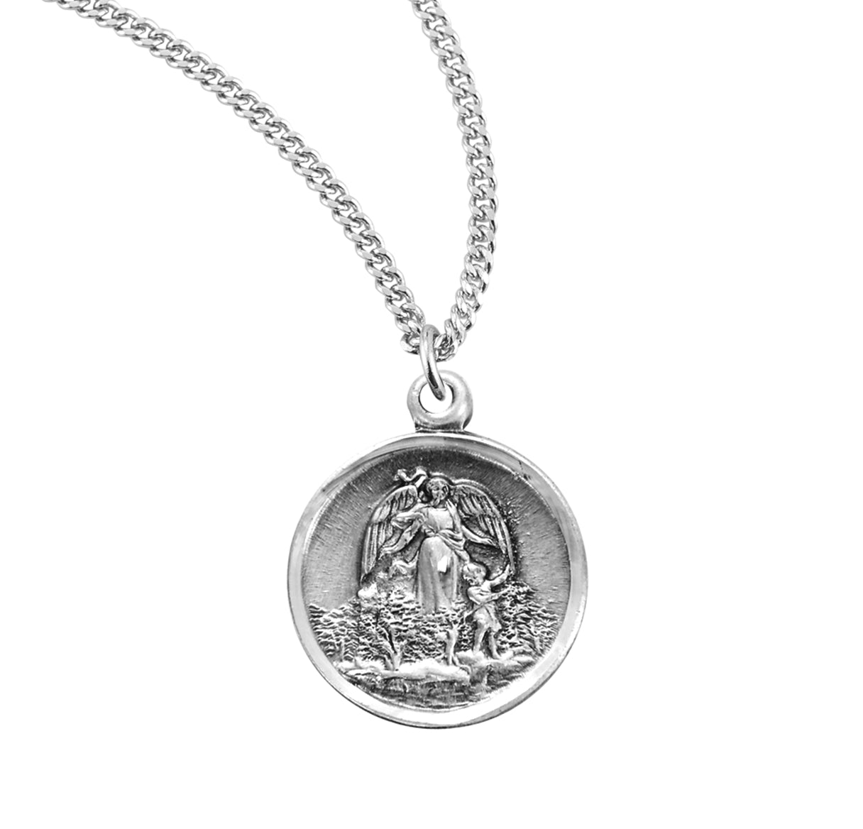 Guardian Angel Round Sterling Silver Medal Pendant Necklace