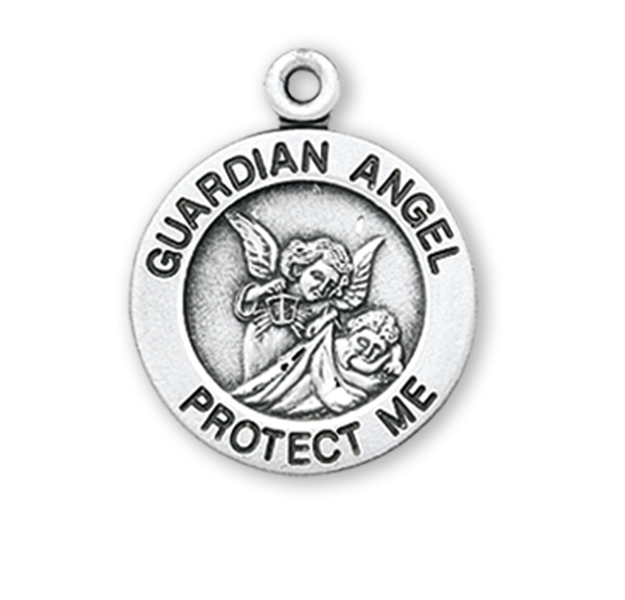 Guardian Angel Round Sterling Silver Medal Pendant Necklace